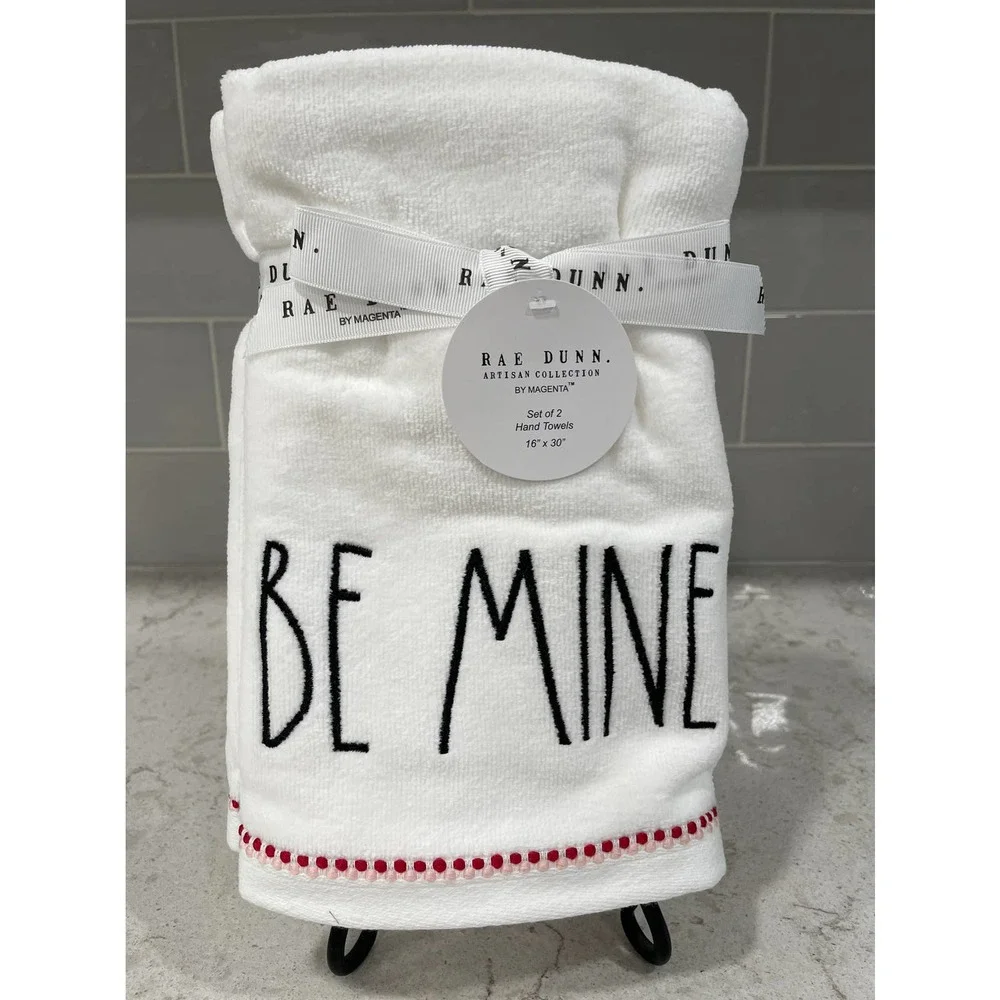 BE MINE Rae Dunn Hand Towel Set of 2 White Red & Black Embroidered Bath 16x30